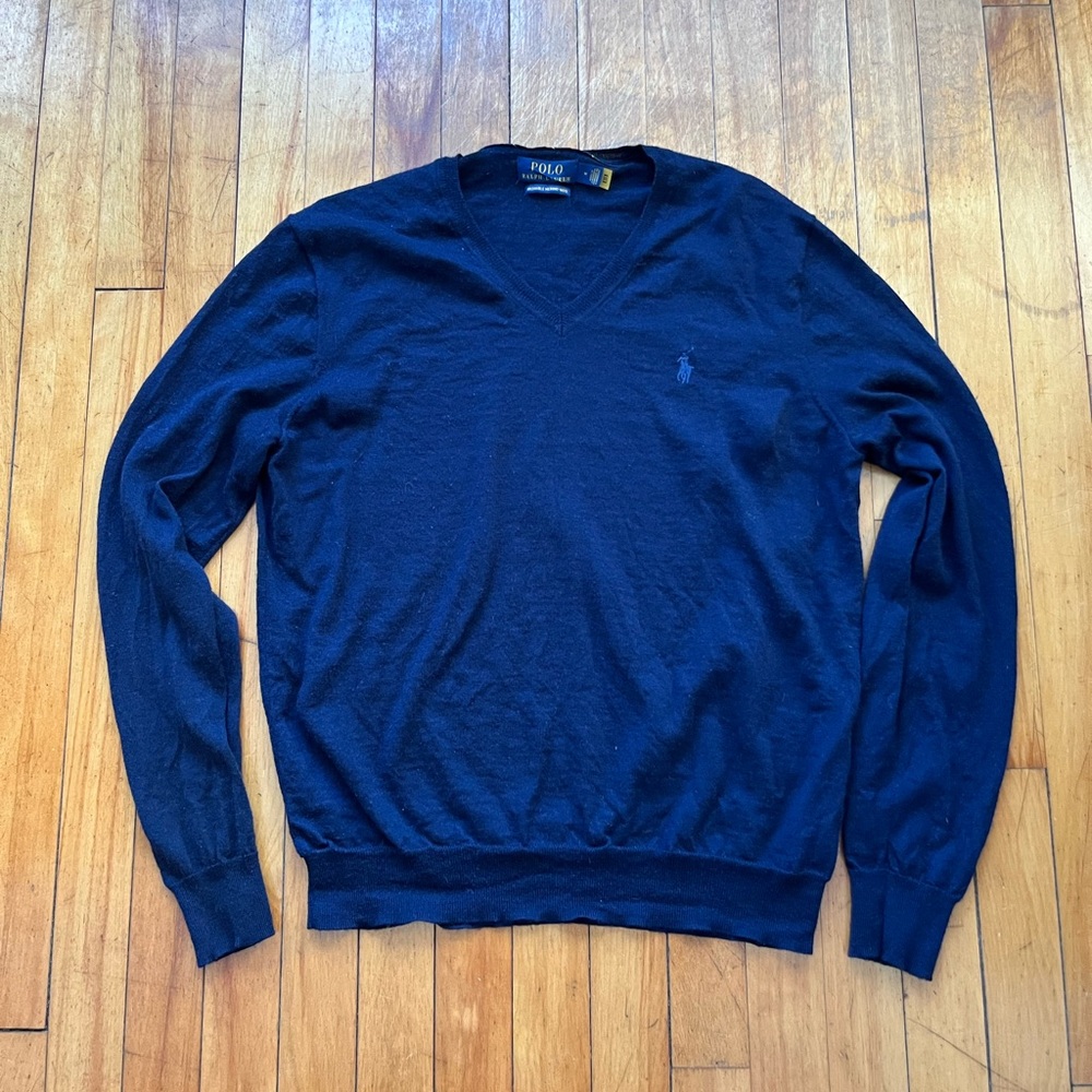 Polo Ralph Lauren Navy Blue Pony Logo Washable Merino Wool V Neck Sweater Men M‎